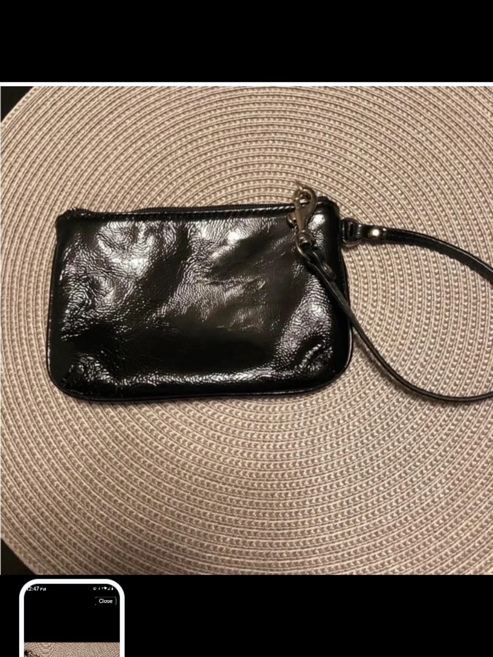 Black Patent Leather Wristlet with Gold Logo And Pink Interior